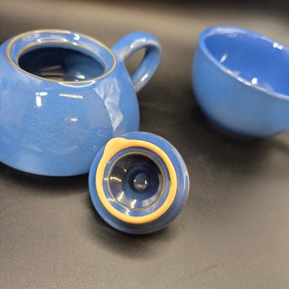 London Pottery Blue “Tea for One” Teapot & Cup Set Stoneware 6" England - Picture 6 of 11